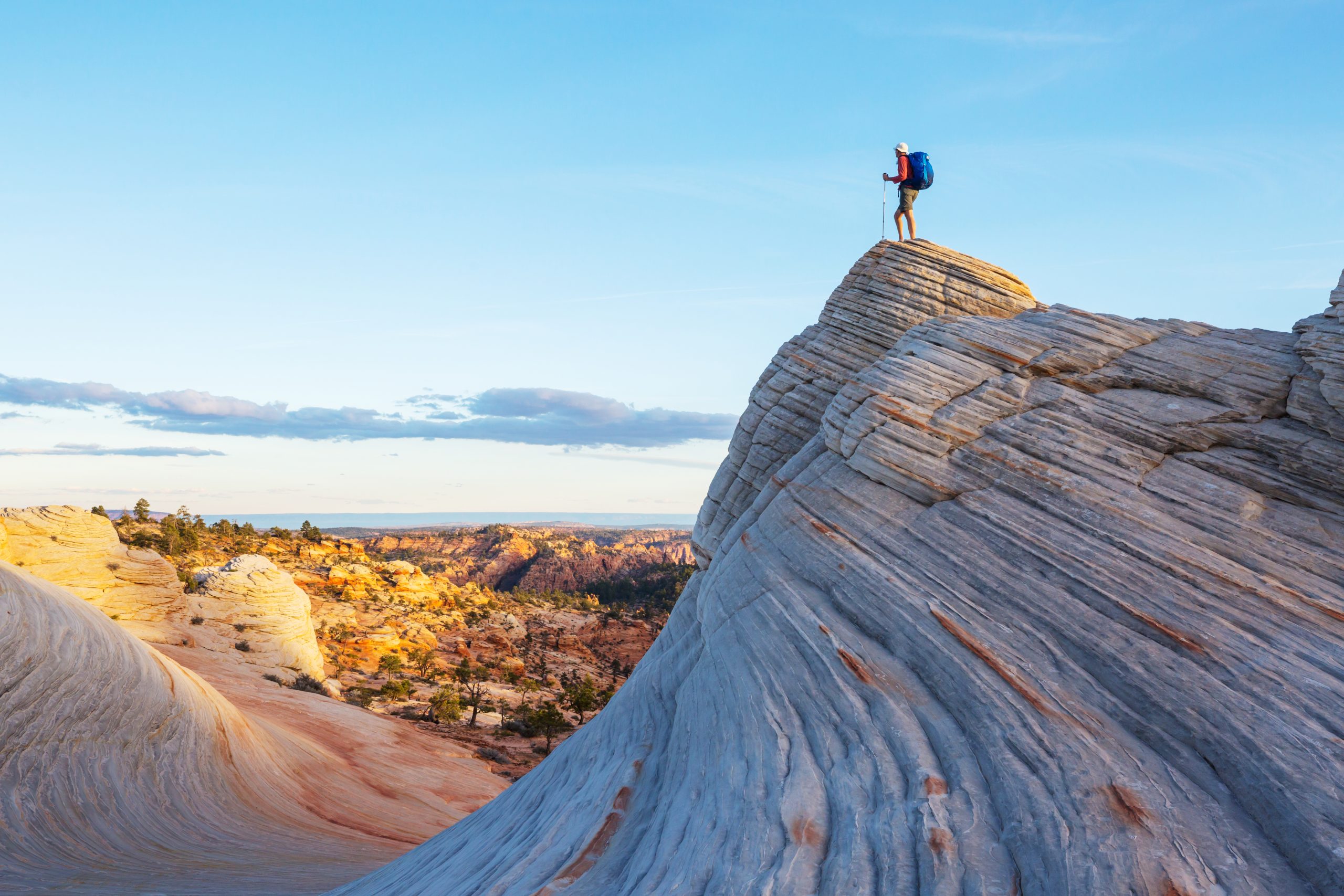 Hike in the Utah mountains. Hiking in unusual natural landscapes. Fantastic forms sandstone formations.